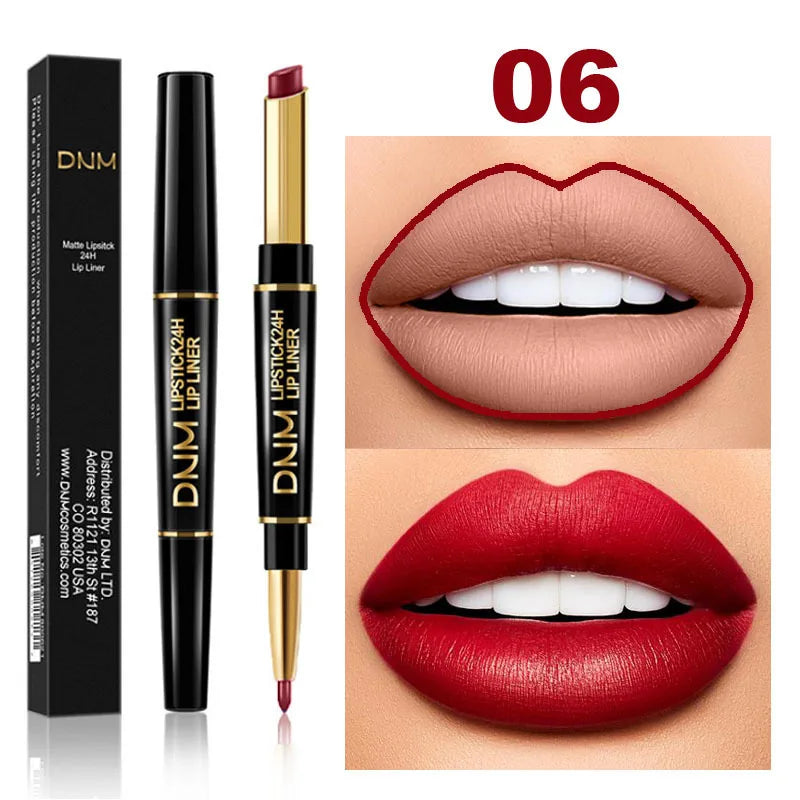 DNM 12 Colors Matte Lipstick Lip Liner 2 in 1 Lasting Makeup Double Head Lipliner Lip Stain Durable Waterproof Lip Cosmetic Tool