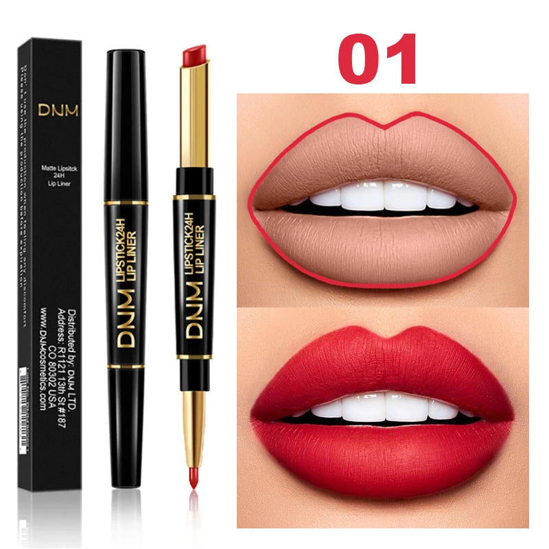 DNM 12 Colors Matte Lipstick Lip Liner 2 in 1 Lasting Makeup Double Head Lipliner Lip Stain Durable Waterproof Lip Cosmetic Tool